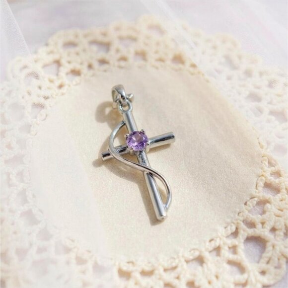 Sterling Silver Cross Pendant Necklace – Purple Amethyst Gemstone 18" Chain - Picture 8 of 8